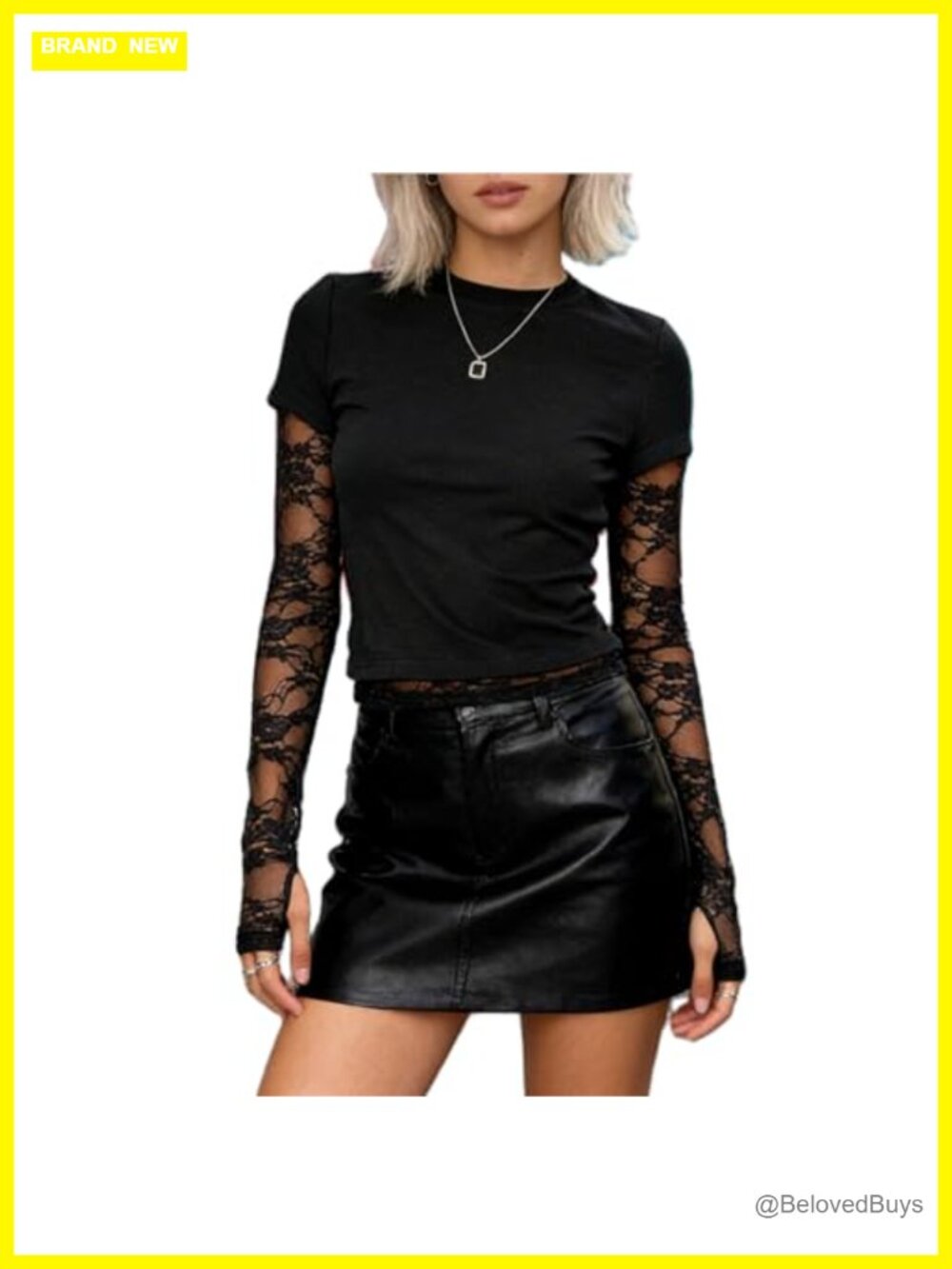 Sheer Lace Sleeve Top with Thumb Holes Crewneck Crop Y2k Layering